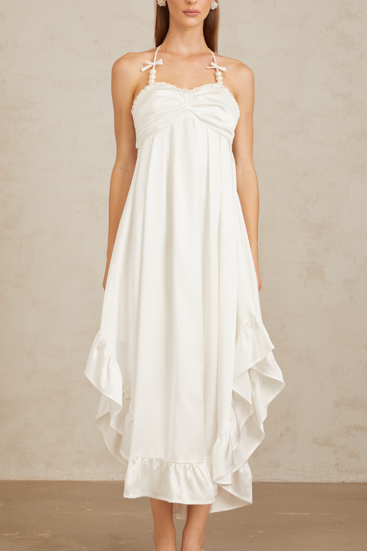 Aurohaya Nocturne White Ruffled Satin Midi Dress