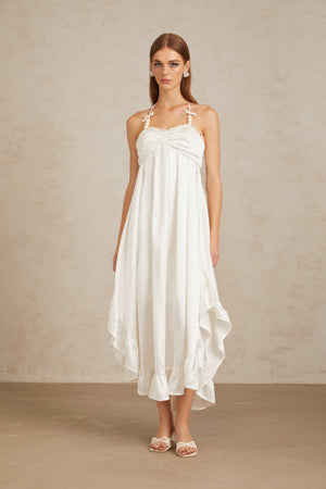 Aurohaya Nocturne White Ruffled Satin Midi Dress