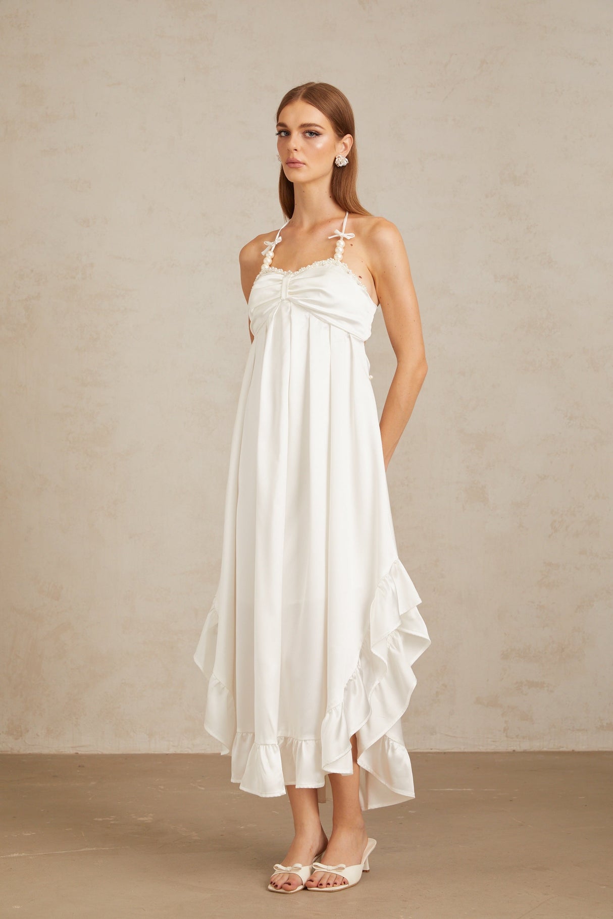 Aurohaya Nocturne White Ruffled Satin Midi Dress