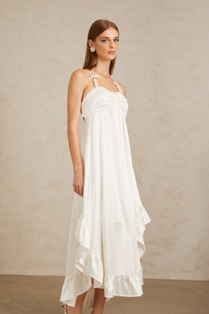 Aurohaya Nocturne White Ruffled Satin Midi Dress