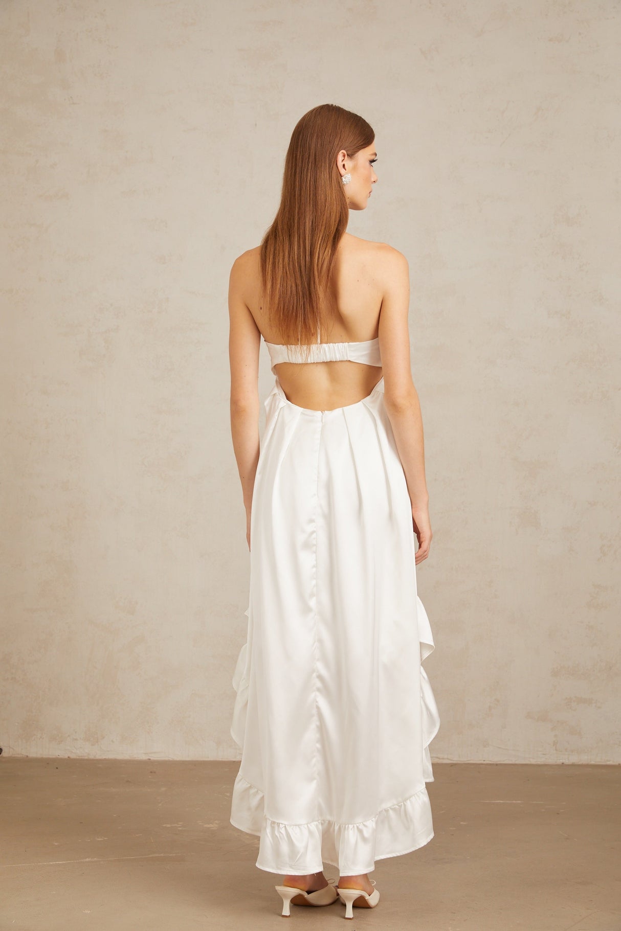 Aurohaya Nocturne White Ruffled Satin Midi Dress