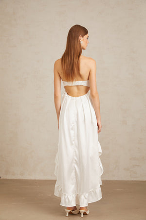 Aurohaya Nocturne White Ruffled Satin Midi Dress