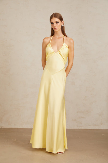Aurohaya Hannele Yellow Self-Tie Halterneck Maxi Dress