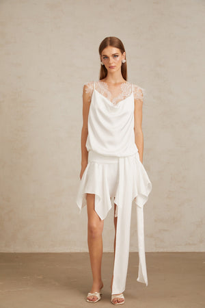 Aurohaya Thérèse White Draped Lace Panel Mini Dress