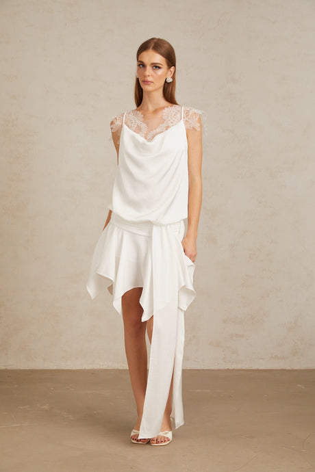 Aurohaya Thérèse White Draped Lace Panel Mini Dress