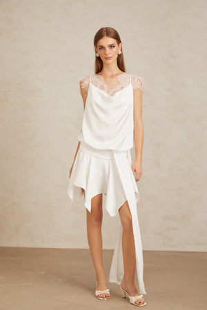 Aurohaya Thérèse White Draped Lace Panel Mini Dress