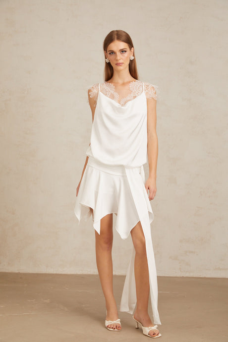 Aurohaya Thérèse White Draped Lace Panel Mini Dress