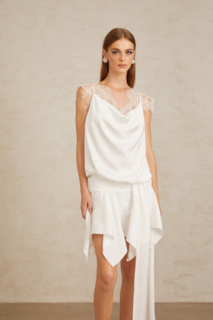 Aurohaya Thérèse White Draped Lace Panel Mini Dress