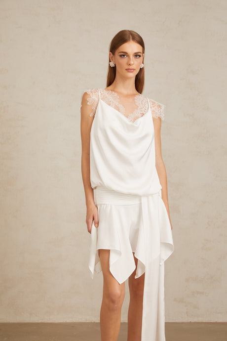 Aurohaya Thérèse White Draped Lace Panel Mini Dress
