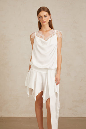 Aurohaya Thérèse White Draped Lace Panel Mini Dress