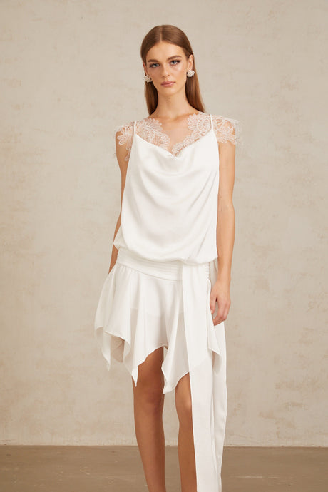 Aurohaya Thérèse White Draped Lace Panel Mini Dress
