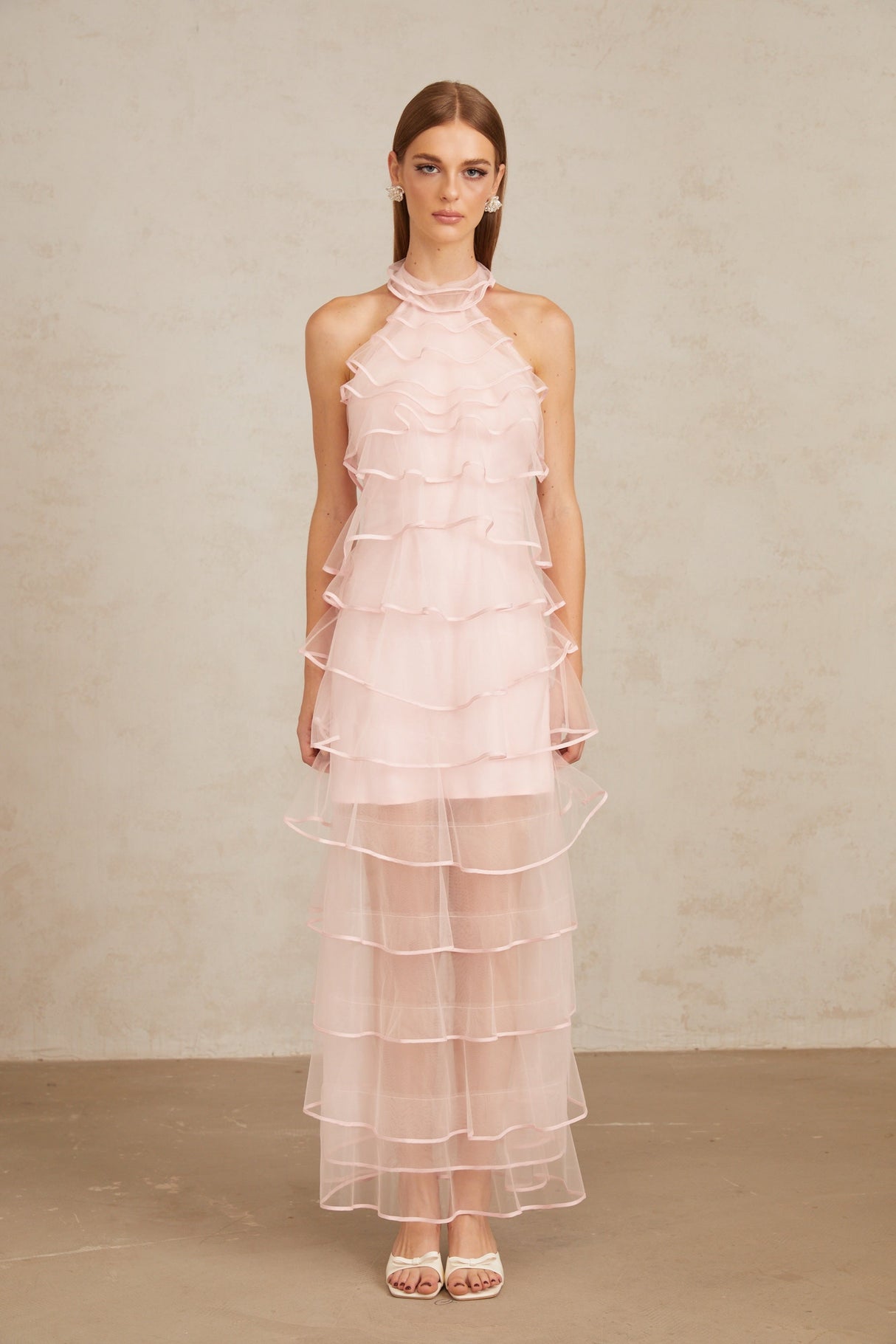 Aurohaya Nonchalante Pink Tiered Halterneck Maxi Dress