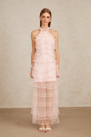 Aurohaya Nonchalante Pink Tiered Halterneck Maxi Dress