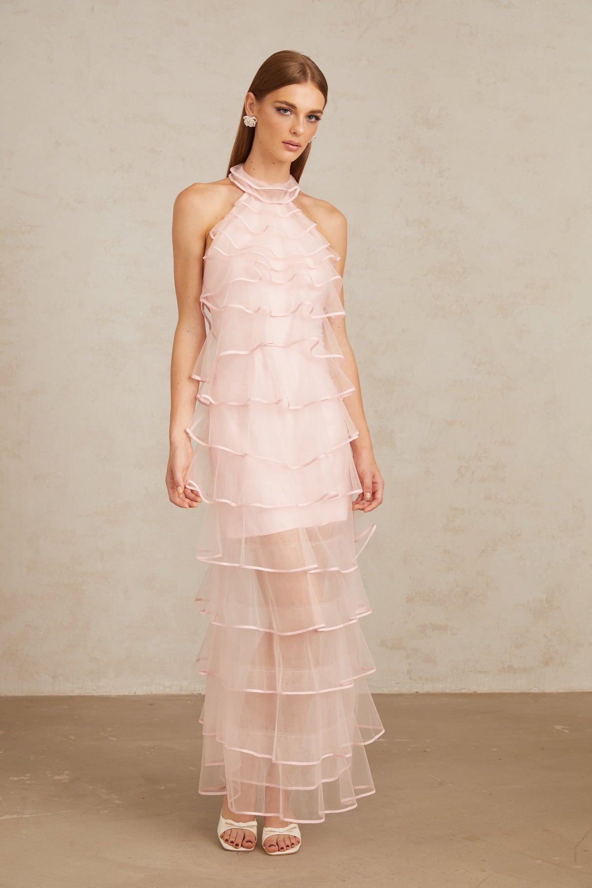 Aurohaya Nonchalante Pink Tiered Halterneck Maxi Dress