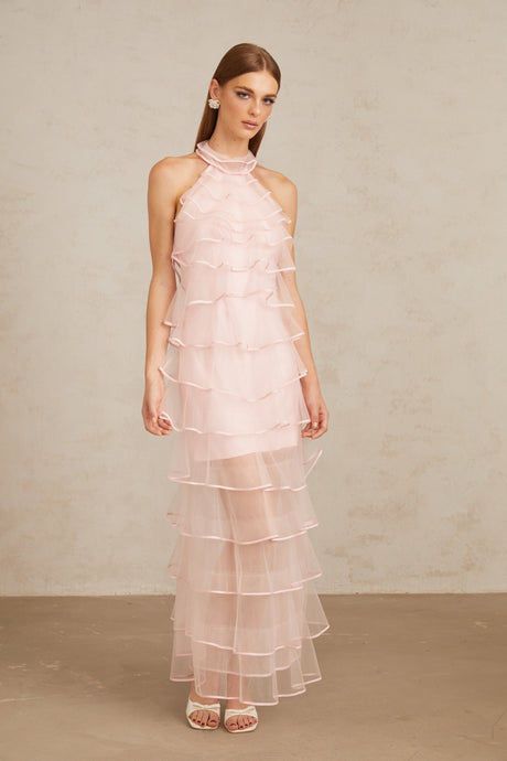 Aurohaya Nonchalante Pink Tiered Halterneck Maxi Dress