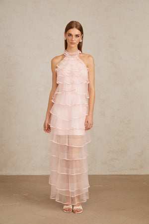 Aurohaya Nonchalante Pink Tiered Halterneck Maxi Dress