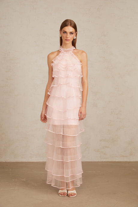 Aurohaya Nonchalante Pink Tiered Halterneck Maxi Dress