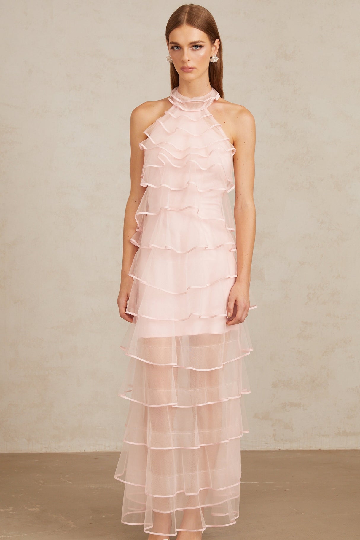 Aurohaya Nonchalante Pink Tiered Halterneck Maxi Dress