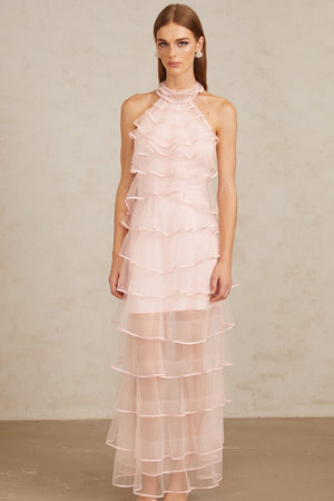 Aurohaya Nonchalante Pink Tiered Halterneck Maxi Dress
