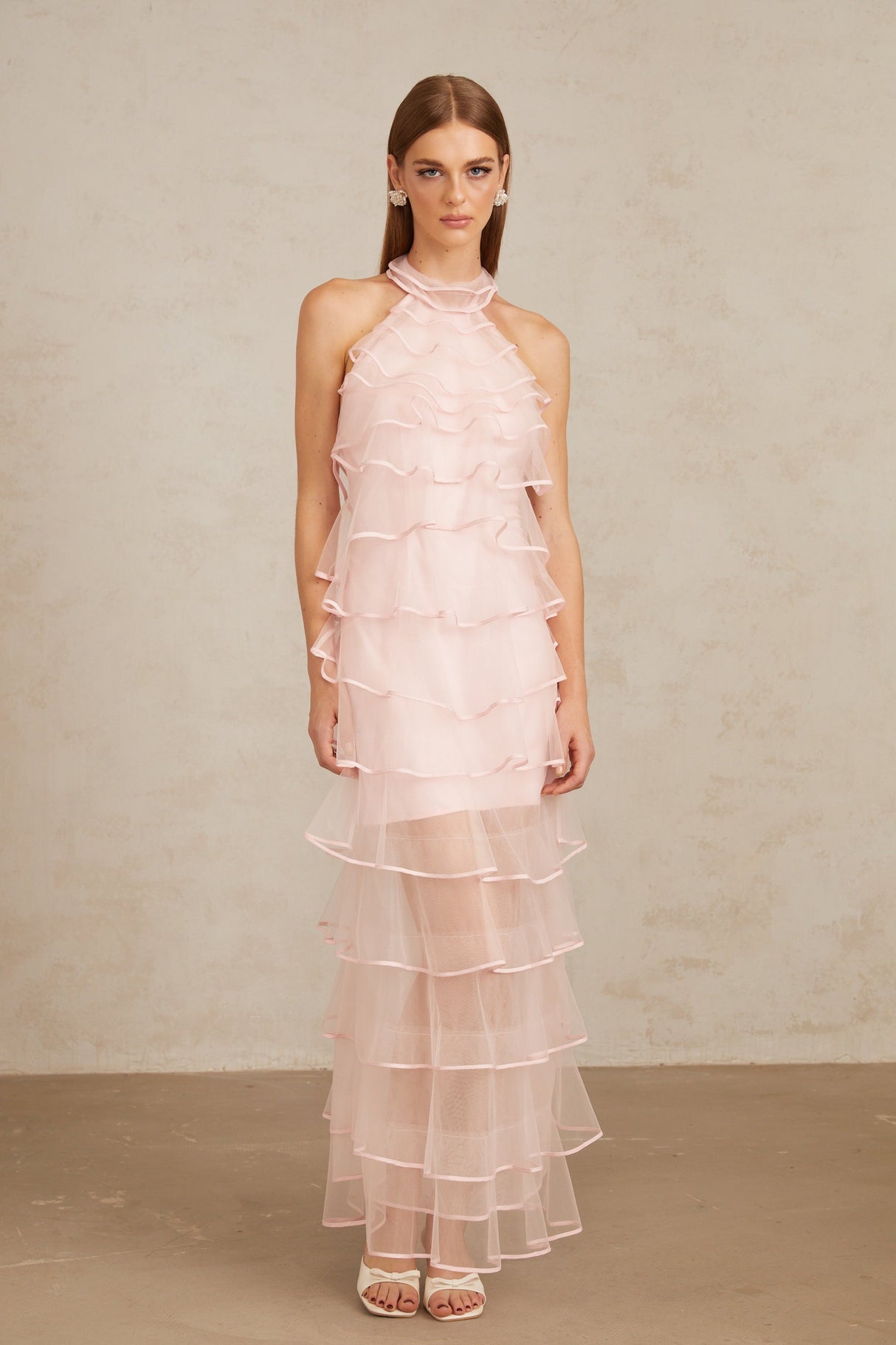 Aurohaya Nonchalante Pink Tiered Halterneck Maxi Dress