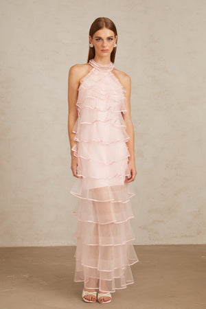Aurohaya Nonchalante Pink Tiered Halterneck Maxi Dress