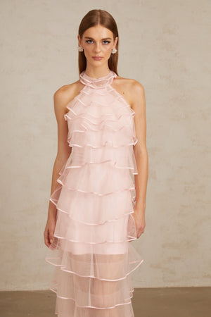 Aurohaya Nonchalante Pink Tiered Halterneck Maxi Dress