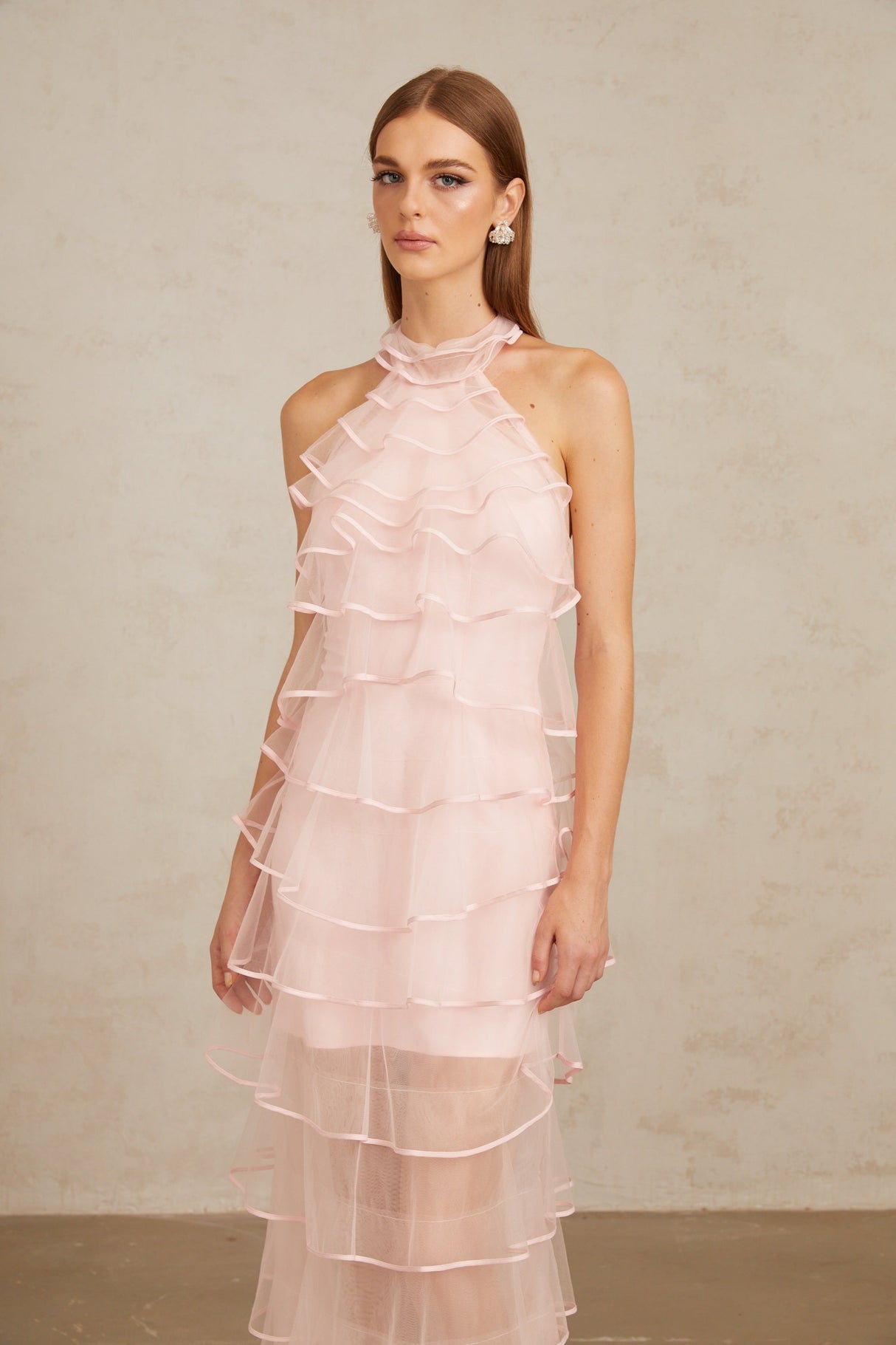 Aurohaya Nonchalante Pink Tiered Halterneck Maxi Dress
