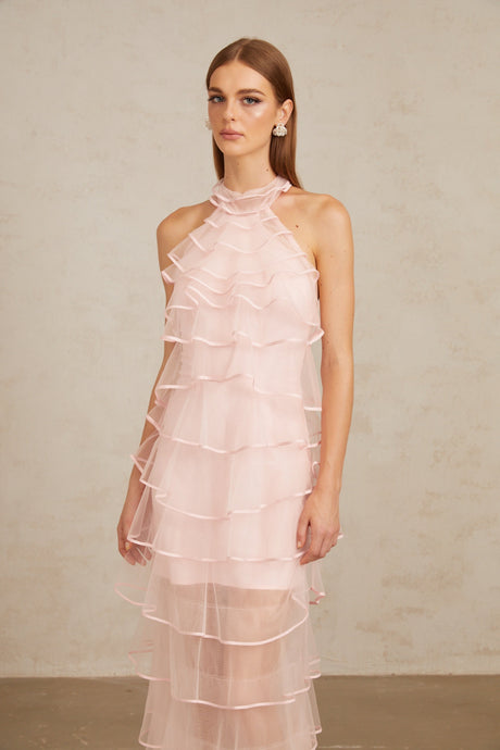 Aurohaya Nonchalante Pink Tiered Halterneck Maxi Dress