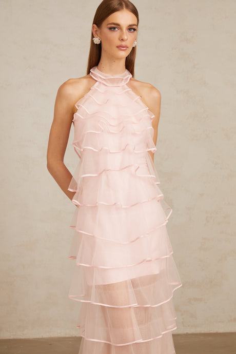 Aurohaya Nonchalante Pink Tiered Halterneck Maxi Dress