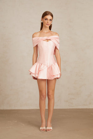 Aurohaya Colette Pink Shawl Satin Mini Dress