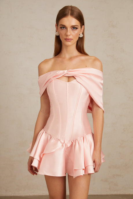 Aurohaya Colette Pink Shawl Satin Mini Dress
