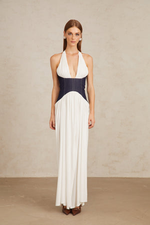 Aurohaya Airi White Halterneck Denim Panel Maxi Dress