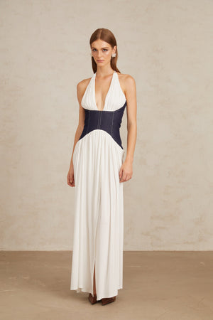 Aurohaya Airi White Halterneck Denim Panel Maxi Dress