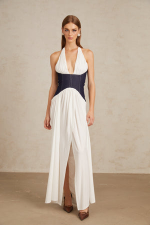 Aurohaya Airi White Halterneck Denim Panel Maxi Dress