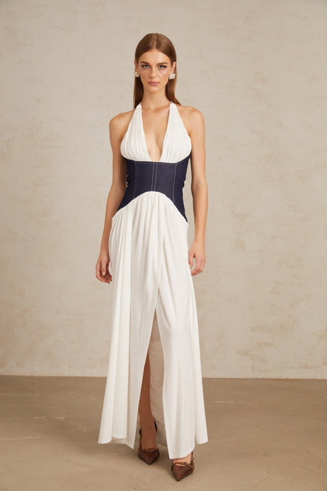 Aurohaya Airi White Halterneck Denim Panel Maxi Dress