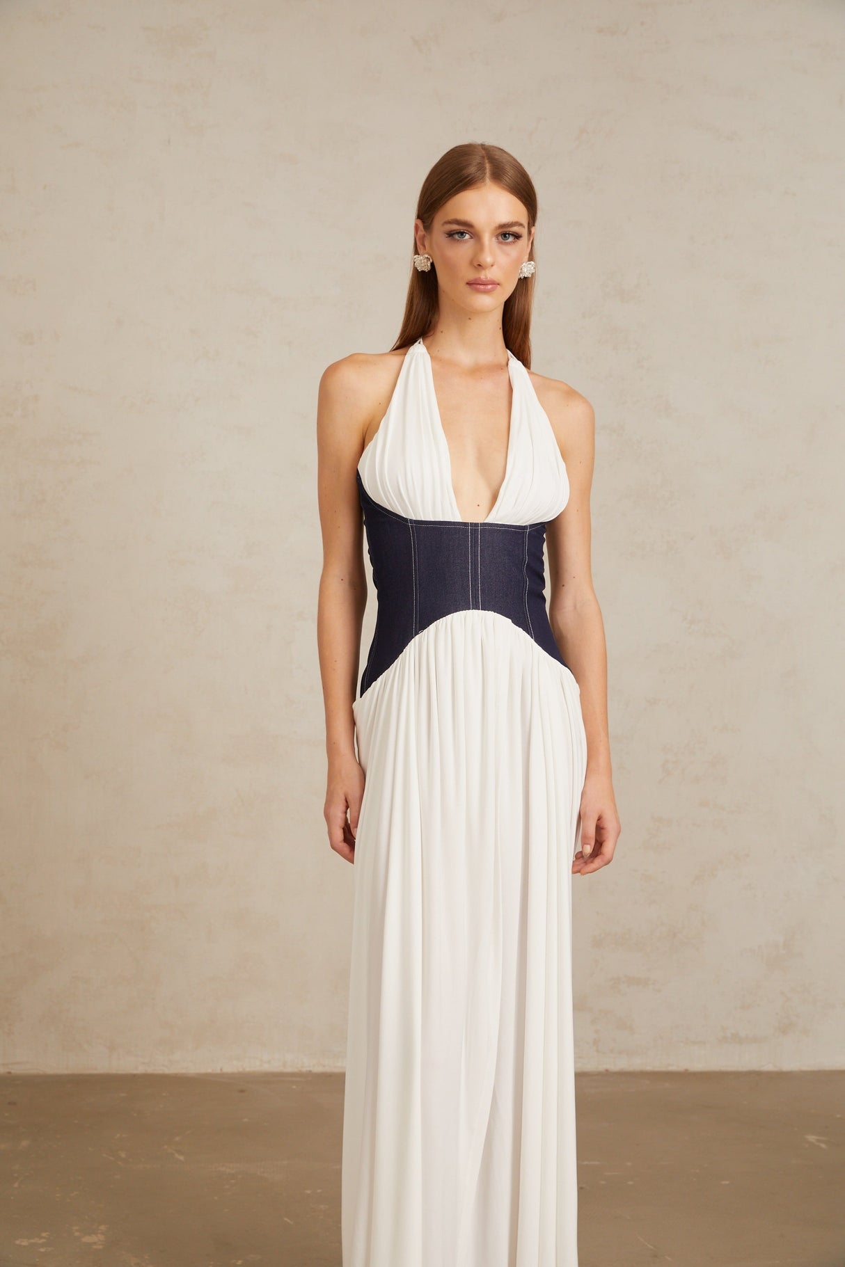 Aurohaya Airi White Halterneck Denim Panel Maxi Dress