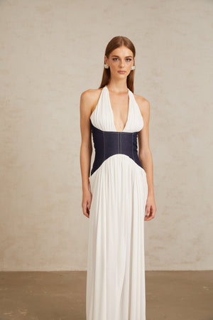 Aurohaya Airi White Halterneck Denim Panel Maxi Dress