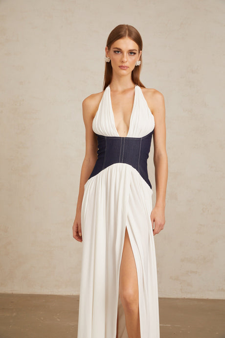 Aurohaya Airi White Halterneck Denim Panel Maxi Dress