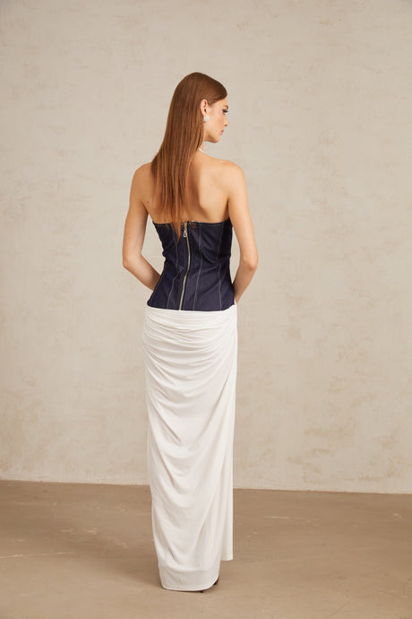 Aurohaya Airi White Halterneck Denim Panel Maxi Dress