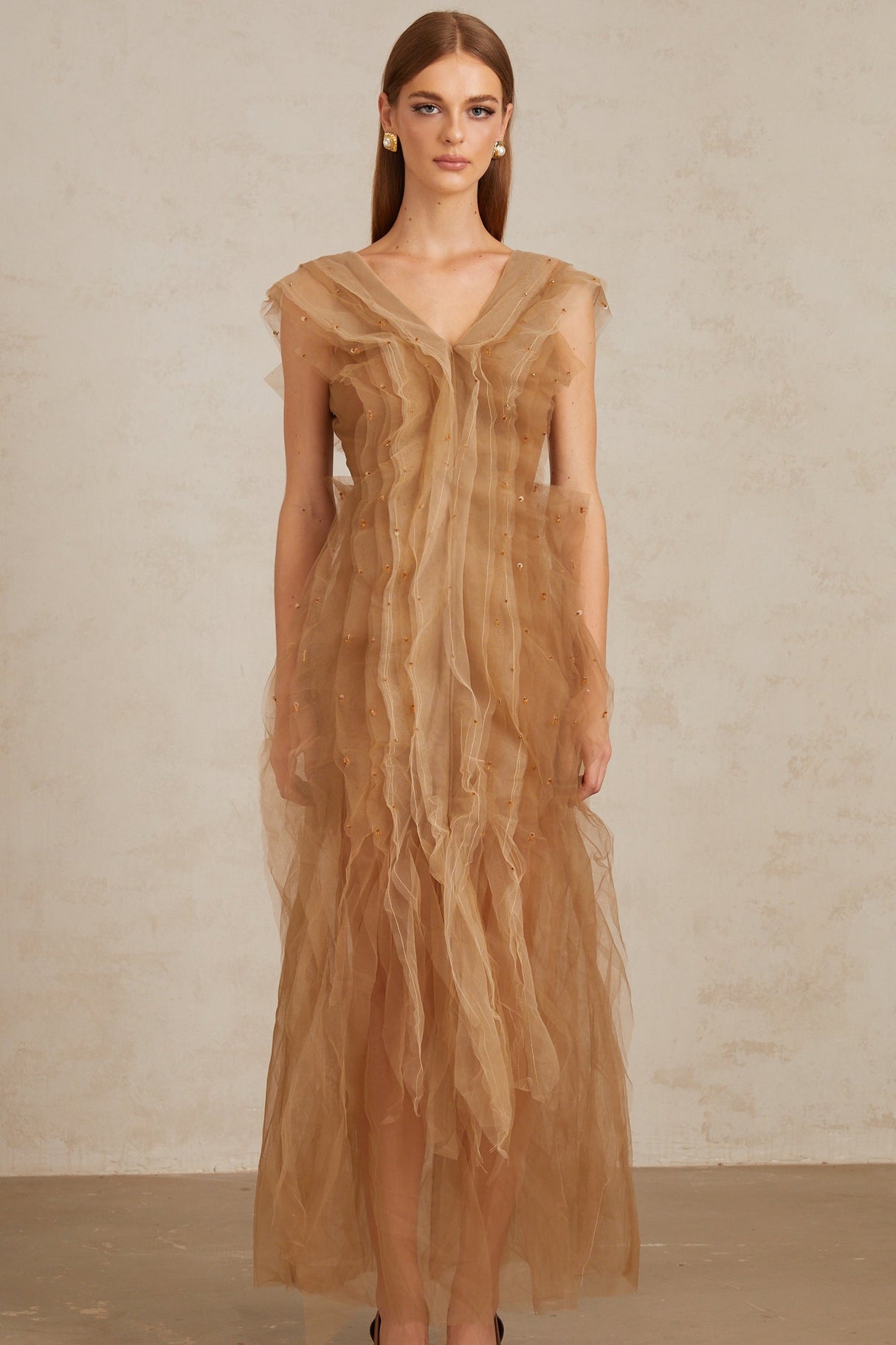 Aurohaya Céleste Brown Layered Tulle Maxi Gown