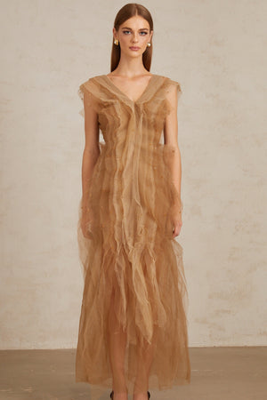 Aurohaya Céleste Brown Layered Tulle Maxi Gown