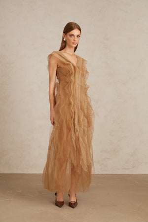 Aurohaya Céleste Brown Layered Tulle Maxi Gown