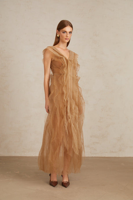 Aurohaya Céleste Brown Layered Tulle Maxi Gown