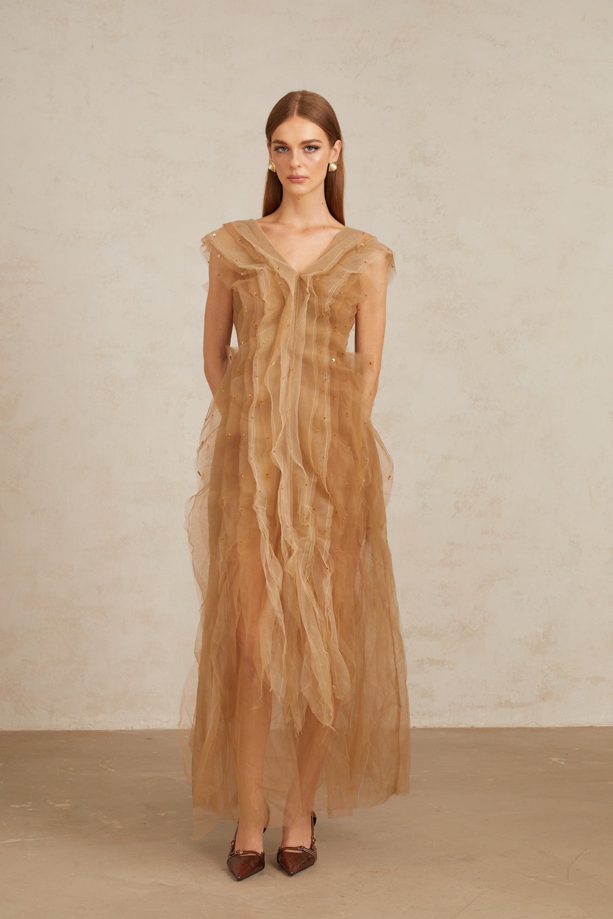 Aurohaya Céleste Brown Layered Tulle Maxi Gown