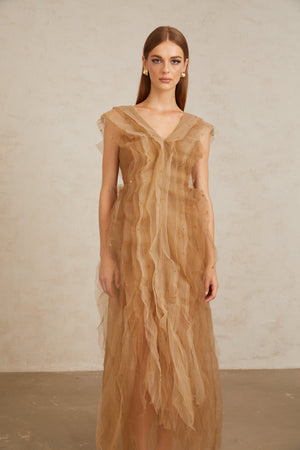 Aurohaya Céleste Brown Layered Tulle Maxi Gown