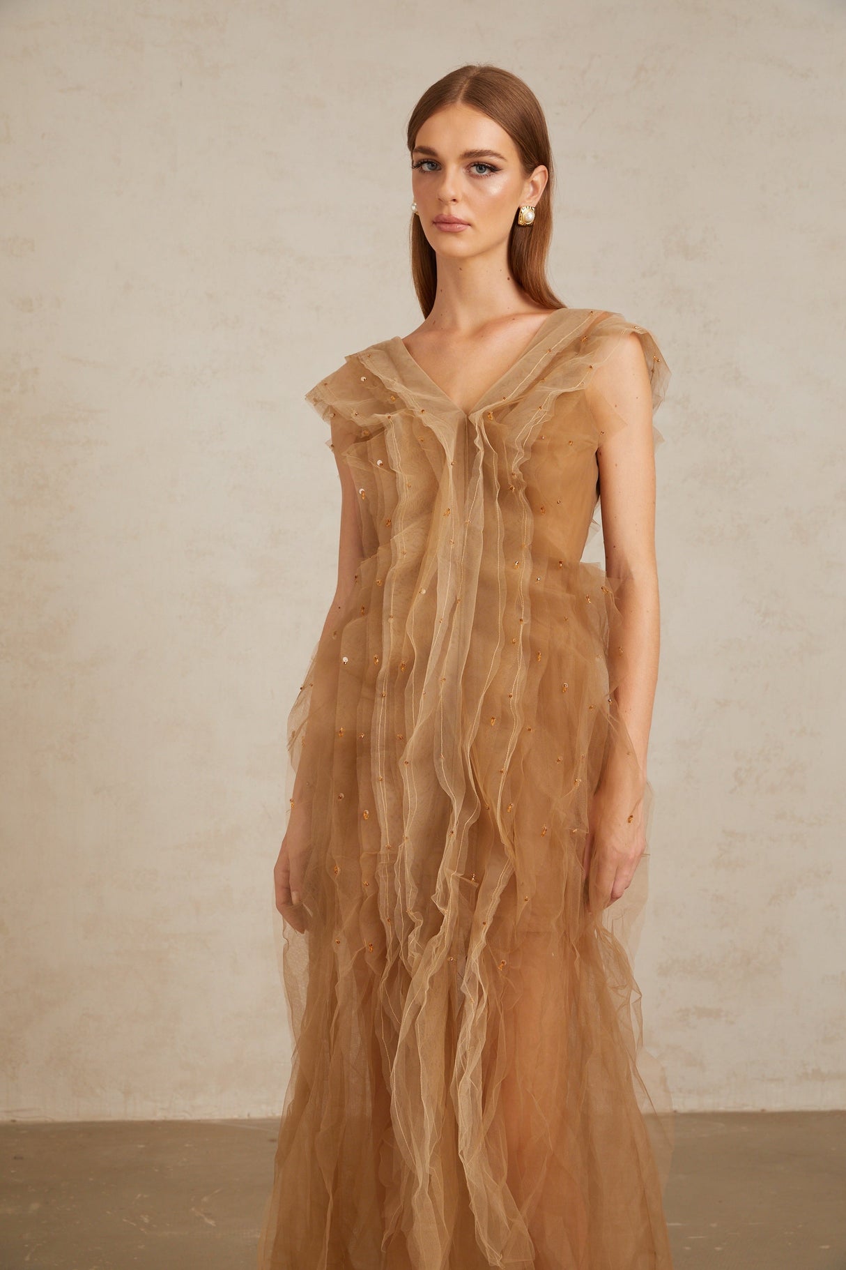 Aurohaya Céleste Brown Layered Tulle Maxi Gown