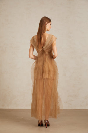 Aurohaya Céleste Brown Layered Tulle Maxi Gown