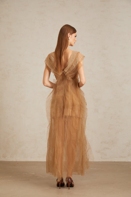 Aurohaya Céleste Brown Layered Tulle Maxi Gown