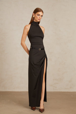 Aurohaya Uranie Black Gathered Halterneck Maxi Dress