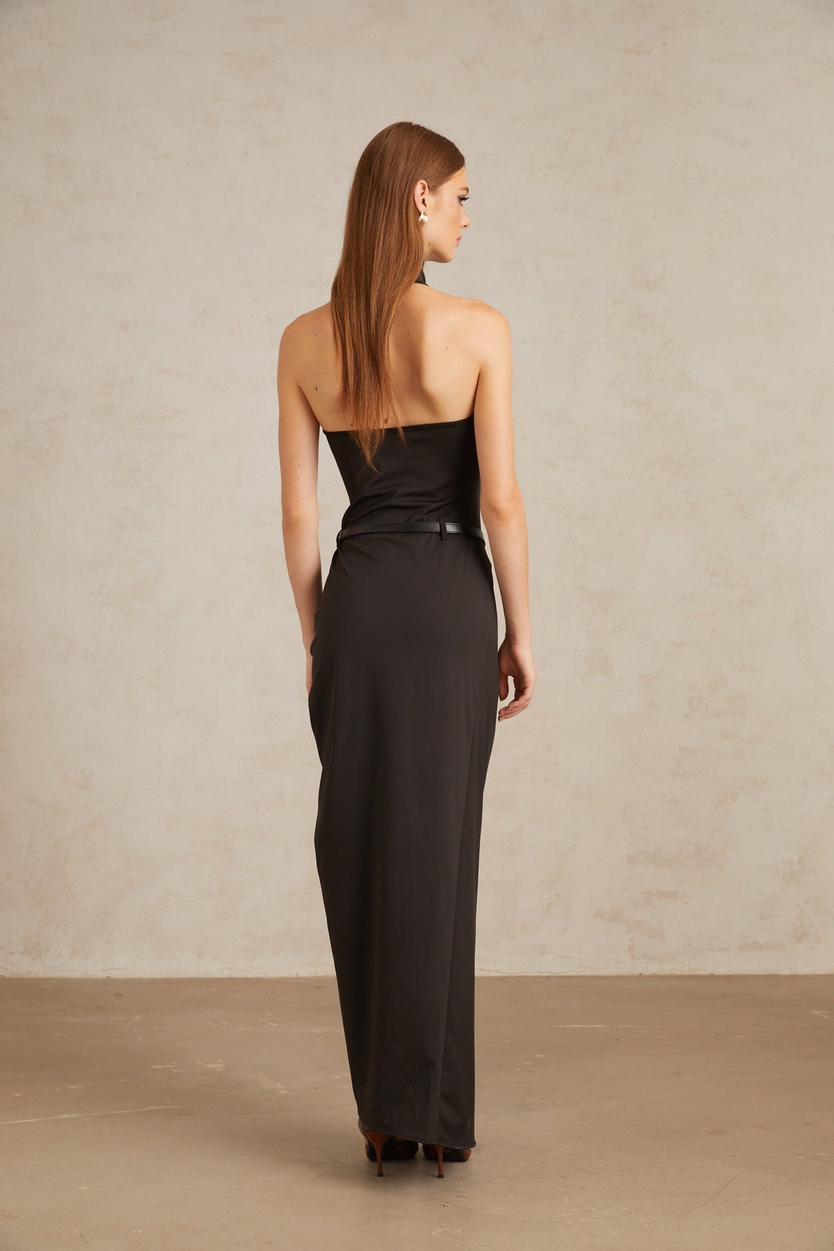 Aurohaya Uranie Black Gathered Halterneck Maxi Dress